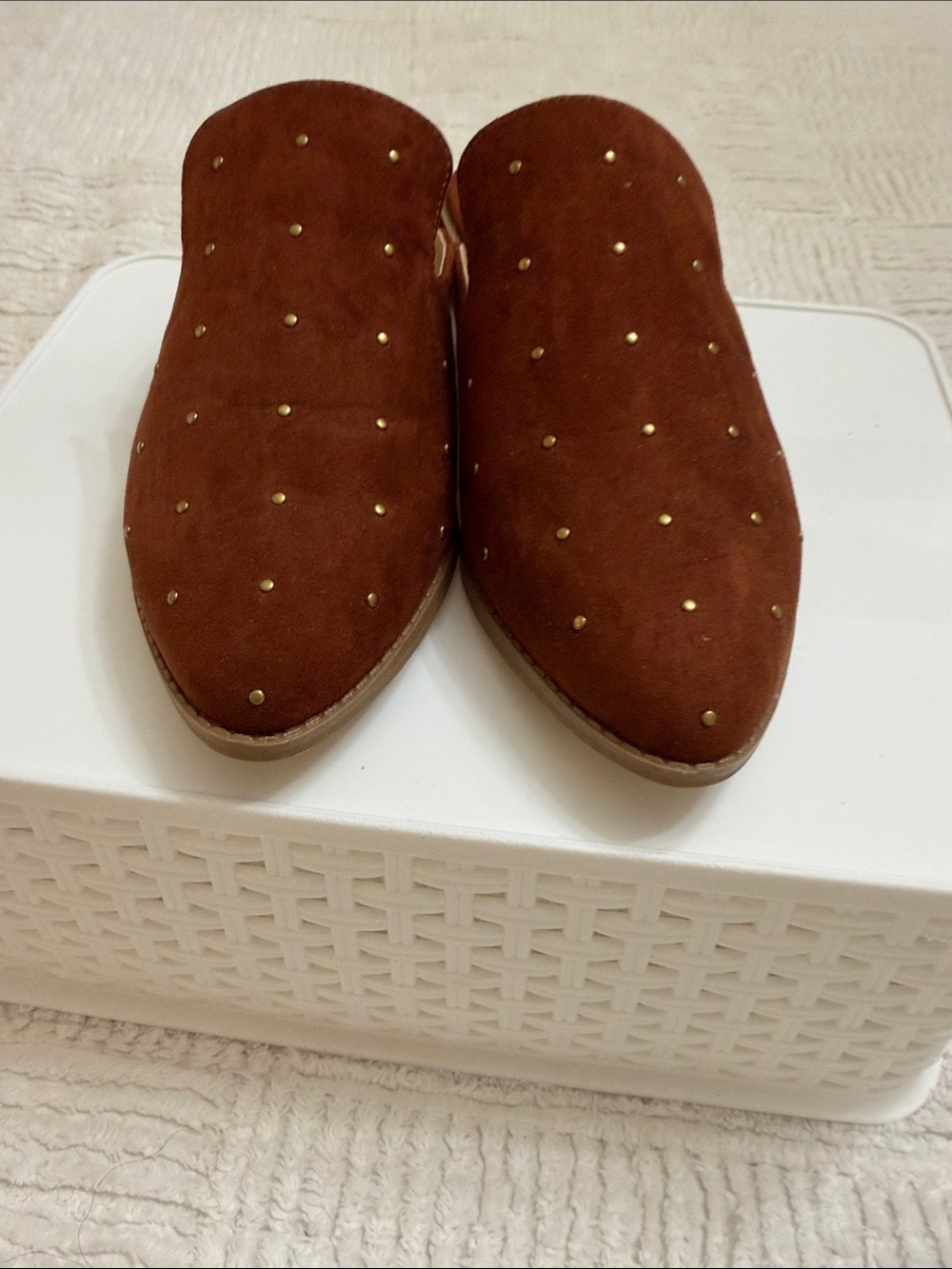 Wonderly Rust Brown Suede Studded Mules - Picture 3 of 5